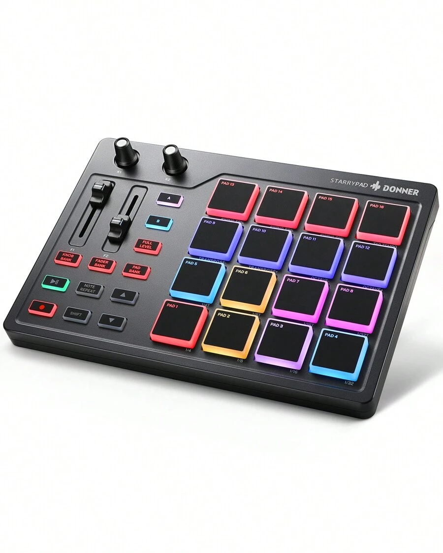 Donner MIDI Controller for Beginners DJ Equipment Music Producers MIDI Pad Beat Maker Portable with 16 Beat Pads 2 Assignable Fader Knobs Music Production Software Included USB MIDI Pad Controller DPD-16