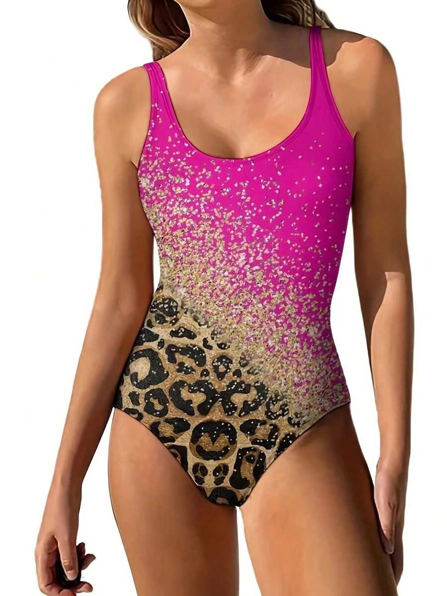 Pink Leopard Print One-Piece Swimsuit Summer - Hot Pink - View 1