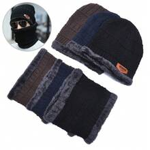 2pcs Blue Knitted Hat & Scarf Set, Polyester Fabric, Winter Warmth Embellished With Thermal Lined Thickened, Men's Knit Cap And Neck Wrap - Blue - View 6