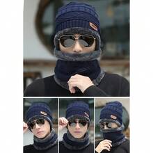 2pcs Blue Knitted Hat & Scarf Set, Polyester Fabric, Winter Warmth Embellished With Thermal Lined Thickened, Men's Knit Cap And Neck Wrap - Blue - View 2