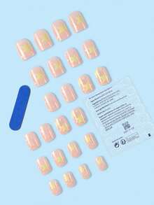 24入組短方形粉色指甲藝術,包括波點和星星的可愛學校圖案,壓合式款式,適用於女士和女孩 - 彩色 - 查看 2