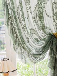 1入組深綠色透明復古鬆軟紗簾,優雅褶邊刺繡花朵濾光遮窗簾,適用於臥室陽台 - 墨綠色 - 查看 4