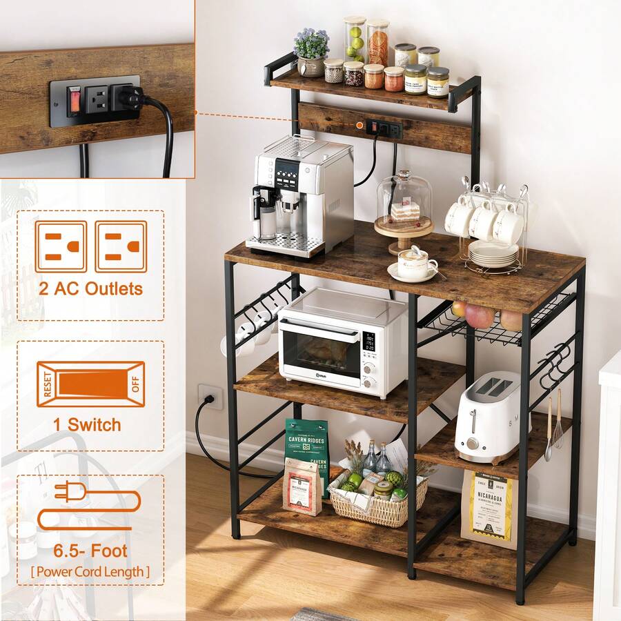 SUPERJARE Bakers Rack with Power Outlet, Microwave Stand with Wire