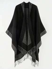 1 件條紋針織流蘇保暖披肩 - 黑色 - 查看 1