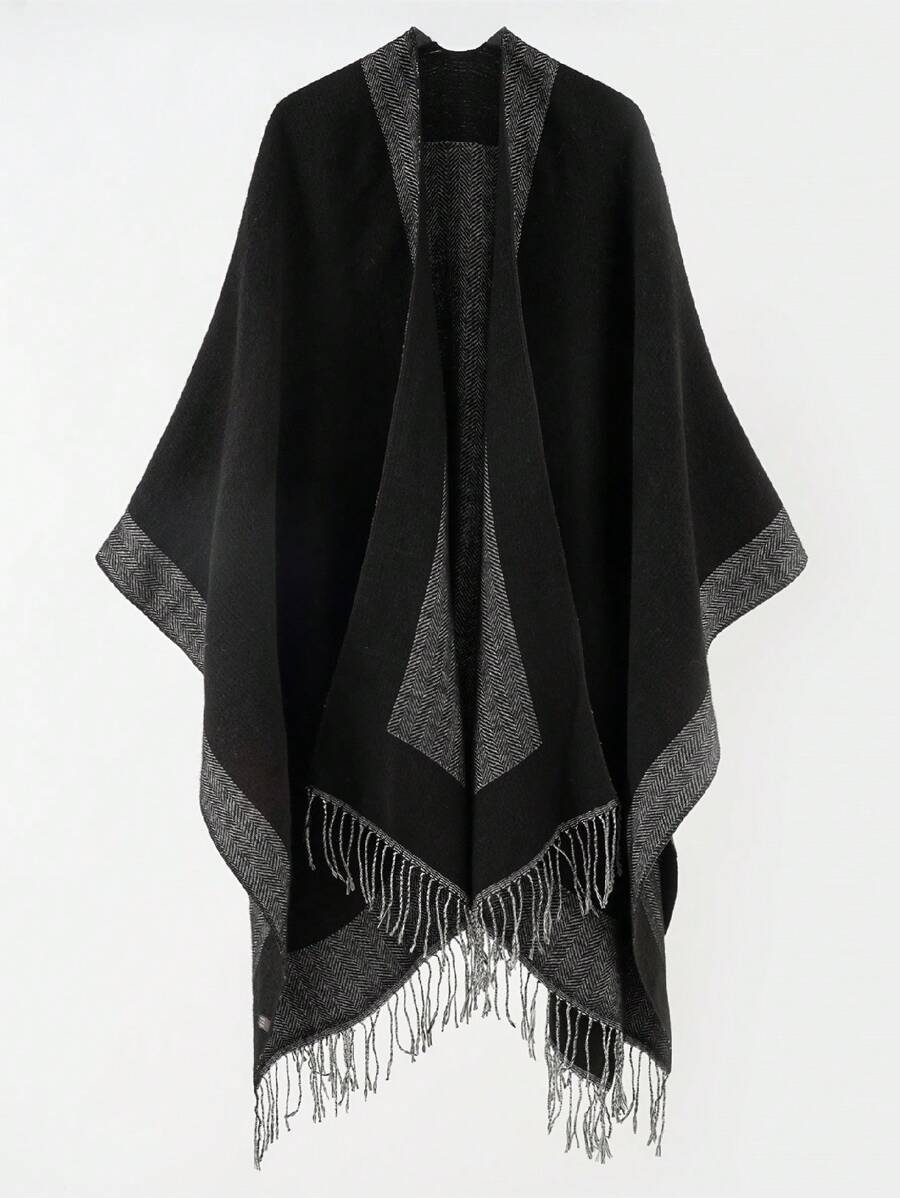 1 件條紋針織流蘇保暖披肩 - 黑色 - 查看 1