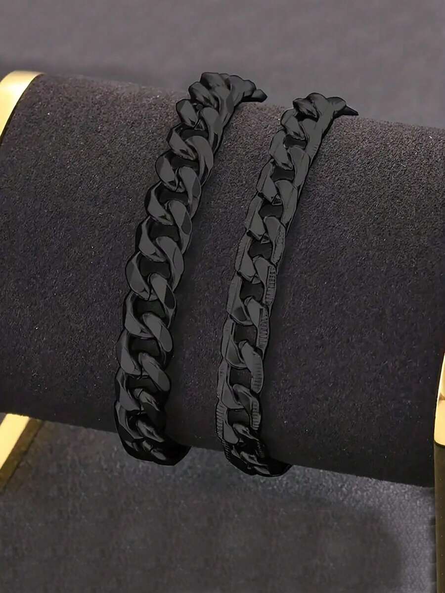 男士黑色不鏽鋼手鍊套裝，包括2個手鍊 - 查看 1