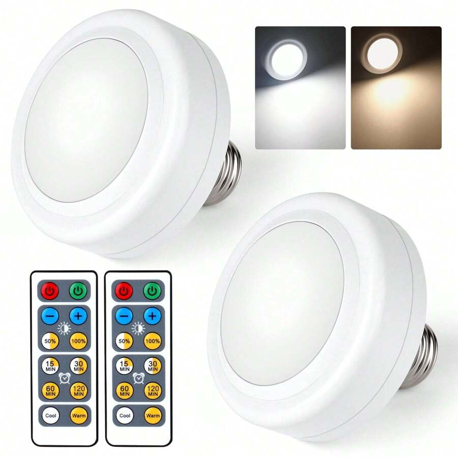 2 Packs Battery Operated LED Light Bulbs, AAA Battery Powered Light Bulb With Remote Control, Wireless Dimmable Timer Puck Light With E26 Screw For No Hardwired Light Fixture No Electricity - White - View 1