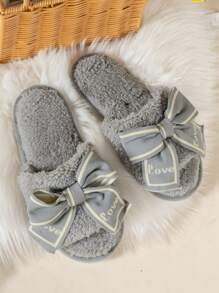 Women's Plush Home Slippers, Silent Sole, Bow Knot Decor Anti-slip Indoor Slippers - Grey - View 6
