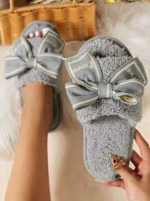 Women's Plush Home Slippers, Silent Sole, Bow Knot Decor Anti-slip Indoor Slippers - Grey - View 2