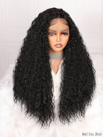 Natural Long 26 Inch 180density Soft Black Kinky Curly Lace Front Hair Wig Synthetic For Women Natural Hairline Free Part Wig With Afro Baby Hair