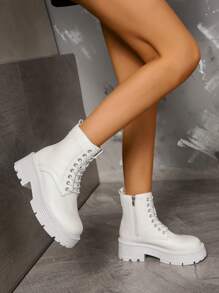 Women's Casual Fashionable Mid-Calf Boots With Lace-Up & Side Zipper, White, Students' New Arrival - White - View 1