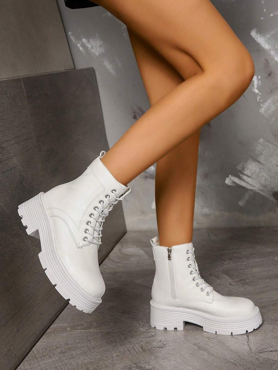 Women's Casual Fashionable Mid-Calf Boots With Lace-Up & Side Zipper, White, Students' New Arrival - White - View 1