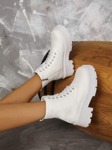 Women's Casual Fashionable Mid-Calf Boots With Lace-Up & Side Zipper, White, Students' New Arrival - White - View 3