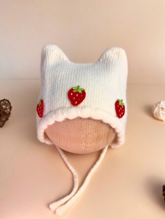 1pc Baby Girls' Cat Ears Knitted Beanie With Strawberry Decoration, Suitable For Daily Wear In Autumn And Winter