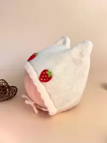 1入組嬰兒女孩貓耳朵針織帽,草莓裝飾,適合秋冬日常穿著 - 米色 - 查看 6