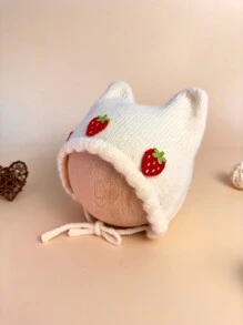 1入組嬰兒女孩貓耳朵針織帽,草莓裝飾,適合秋冬日常穿著 - 米色 - 查看 2