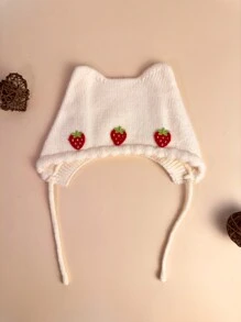 1入組嬰兒女孩貓耳朵針織帽,草莓裝飾,適合秋冬日常穿著 - 米色 - 查看 3