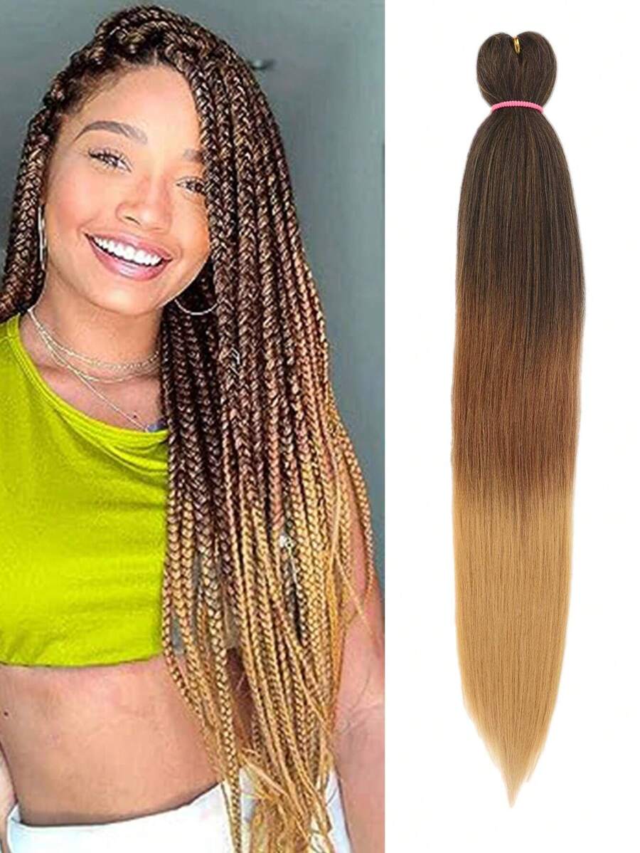 Tóc nối tổng hợp EZ Braids 24 inch, đã được kéo giãn sẵn, 1 gói, màu đen tự nhiên, tóc thẳng Yaki nhẹ, có thể tạo kiểu bằng nhiệt và hiệu ứng ombre. - Ombre - Xem 1
