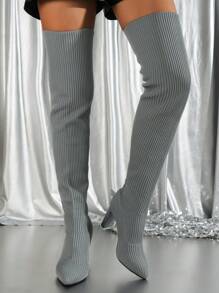 女士經典靴款 2023新款女式針織靴女式豪華秋冬高筒靴女士時尚過膝靴 - 灰色 - 查看 3