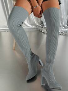 女士經典靴款 2023新款女式針織靴女式豪華秋冬高筒靴女士時尚過膝靴 - 灰色 - 查看 2