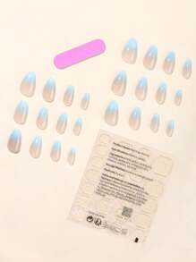 24pcs/set Short Almond-shaped Gentle Ombre Light Blue Nail Tips With 1pc Nail Buffer And 1pc Jelly Gel - Baby Blue - View 3