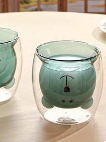 1pc New Arrival Double-Layered Heat Resistant Cute Bear Glass Cup, INS Style Juice Cup, Transparent Water Cup In Amber Color - Green - View 10