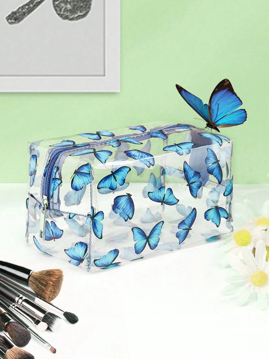 多功能化妝包可愛防水透明收納小袋PVC拉鍊旅行化妝包郵輪必備 - 藍色 - 查看 1