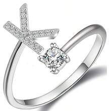 1件925銀可調節開口戒指,配有閃亮人造鑽石和26個字母a-z設計,適合女性日常穿著 - A - 查看 6