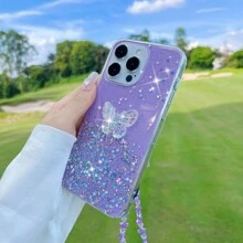 Valentines Phone Case With Card Holder With Phone Charm 1pc Sparkling Glitter Crystal Butterfly & Stars Design Phone Case With Hand Strap - Purple - View 8