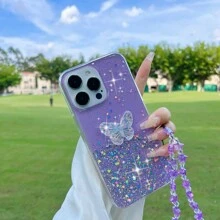 Valentines Phone Case With Card Holder With Phone Charm 1pc Sparkling Glitter Crystal Butterfly & Stars Design Phone Case With Hand Strap - Purple - View 1