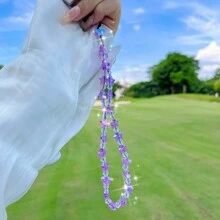 Valentines Phone Case With Card Holder With Phone Charm 1pc Sparkling Glitter Crystal Butterfly & Stars Design Phone Case With Hand Strap - Purple - View 4