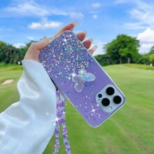 Valentines Phone Case With Card Holder With Phone Charm 1pc Sparkling Glitter Crystal Butterfly & Stars Design Phone Case With Hand Strap - Purple - View 3