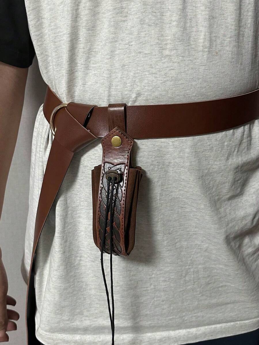 2pcs/set Medieval Knight Belt With Viking Sword Sheath And Vintage Pouch, For Cosplay Prop - Brown - View 1