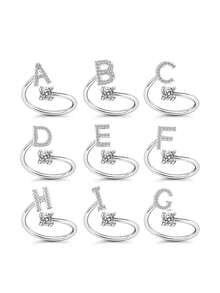 1件925銀可調節開口戒指,配有閃亮人造鑽石和26個字母a-z設計,適合女性日常穿著 - A - 查看 2