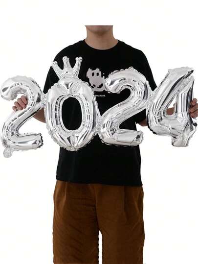 2024年新年数字铝箔气球银色气球新年快乐圣诞派对家居圣诞装饰