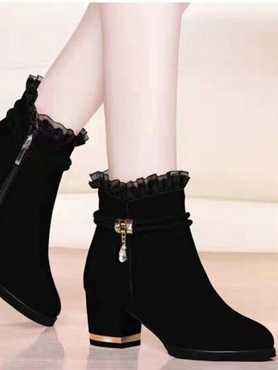 Fashion Match Red Dress,Black Suede Short Boots For Women With Chunky Heels, Sexy Lace, Rhinestones, Versatile Side Zipper Booties, Suitable For Parties And Formal Occasions