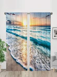 2入組黎明海浪圖案窗簾,無孔窗簾,適用於臥室辦公室廚房客廳書房家居裝飾 - 彩色 - 查看 2