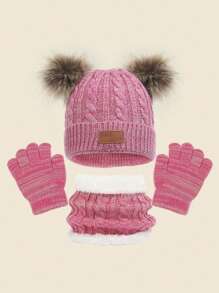 1 套粉色針織帽子、圍巾和手套套裝,帶雙絨球,冬季,適合 2-3 歲嬰兒