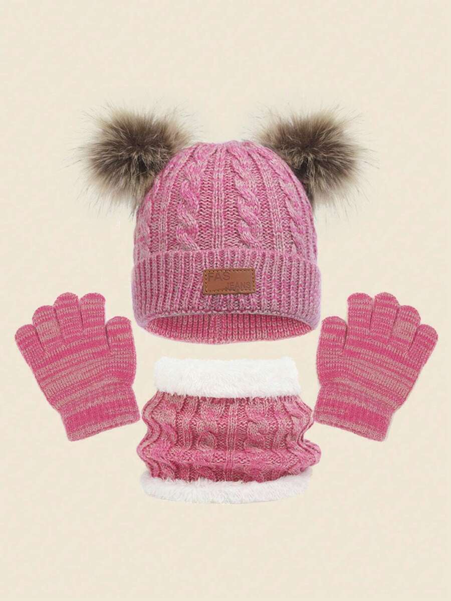 1 套粉色針織帽子、圍巾和手套套裝,帶雙絨球,冬季,適合 2-3 歲嬰兒