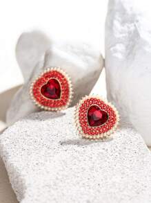 1pair Heart Shaped Shiny Minimalist Luxurious Earrings For Wedding Or Party And Other Special Occasions, Women's Earrings - Red - View 5