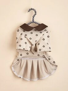 1 件冬季保暖加厚灯芯绒复古连衣裙，带彼得潘领和蝴蝶结装饰，适合宠物狗和猫 - 棕色 - 查看 4