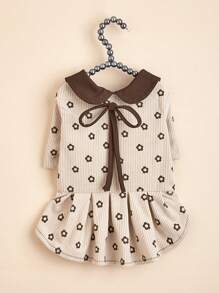 1 件冬季保暖加厚灯芯绒复古连衣裙，带彼得潘领和蝴蝶结装饰，适合宠物狗和猫 - 棕色 - 查看 1