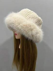 1個加厚絨面時尚多用可控繩錐形帽,適用於秋冬保暖和下雪天氣和女性日常使用 - 米色 - 查看 5