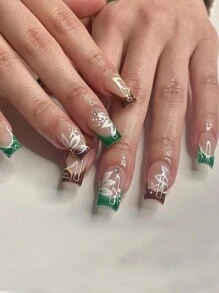 24 件綠色/棕色漸變法式美甲條紋、花朵和蝴蝶圖案短假指甲 + 1 件果凍膠 + 1 件指甲銼 - 彩色 - 查看 1
