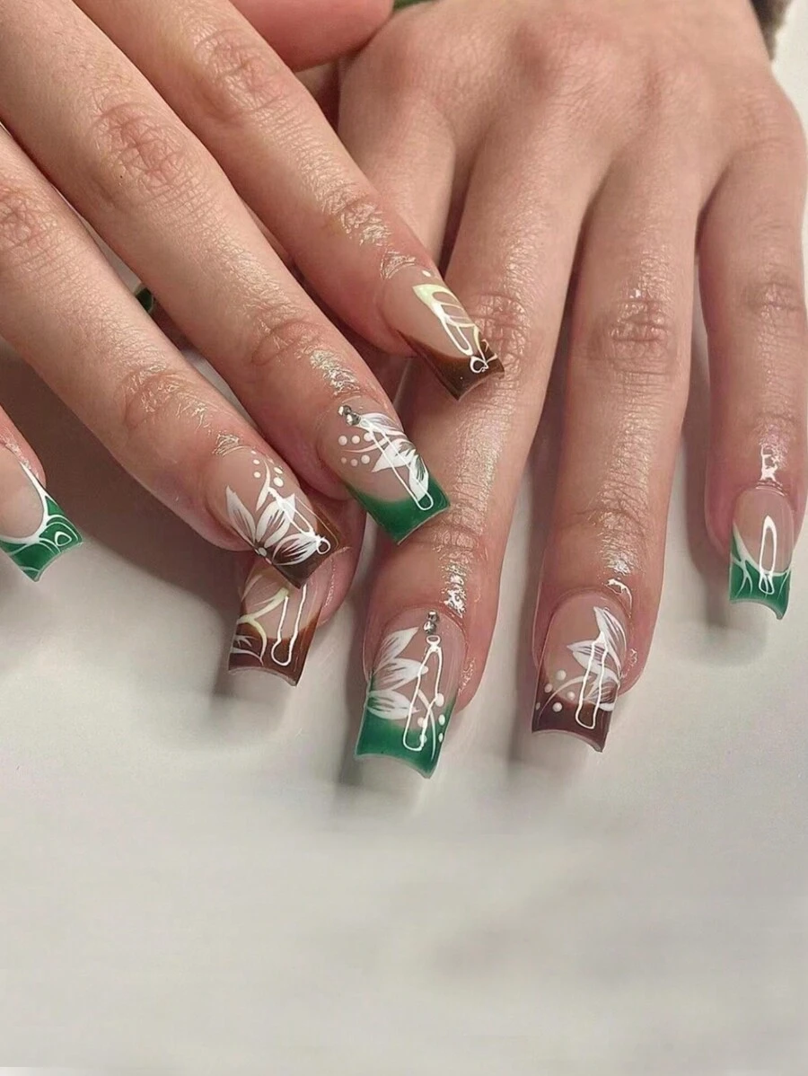 24 件綠色/棕色漸變法式美甲條紋、花朵和蝴蝶圖案短假指甲 + 1 件果凍膠 + 1 件指甲銼 - 彩色 - 查看 1