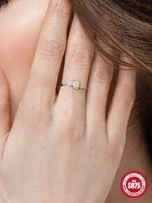1入組925純銀長方形戒指,女性優雅婚禮精品珠寶 - 金色 Size 6 - 查看 3