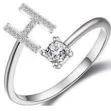 1件925銀可調節開口戒指,配有閃亮人造鑽石和26個字母a-z設計,適合女性日常穿著 - A - 查看 29