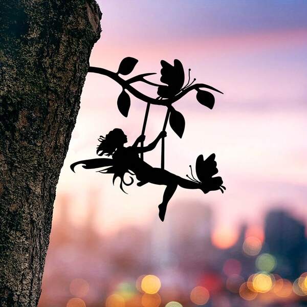 1 Pièce Élfe Balançant Sur Une Branche Silhouette En Acier Métal Art Mural Pour Jardin, Terrasse, Patio, Décoration De Piquets De Statues Extérieures Parfait Pour Les Anniversaires Et Les Cadeaux De Pendaison De Crémaillère
