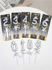 1pc Silver Number Candle With Crown & Bowknot Design For Birthday Cake Decoration, 0-9, For Birthday Party - Silver - View 2
