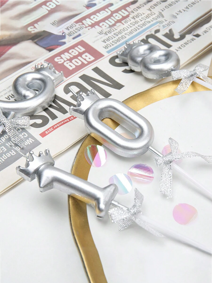 1pc Silver Number Candle With Crown & Bowknot Design For Birthday Cake Decoration, 0-9, For Birthday Party - Silver - View 1